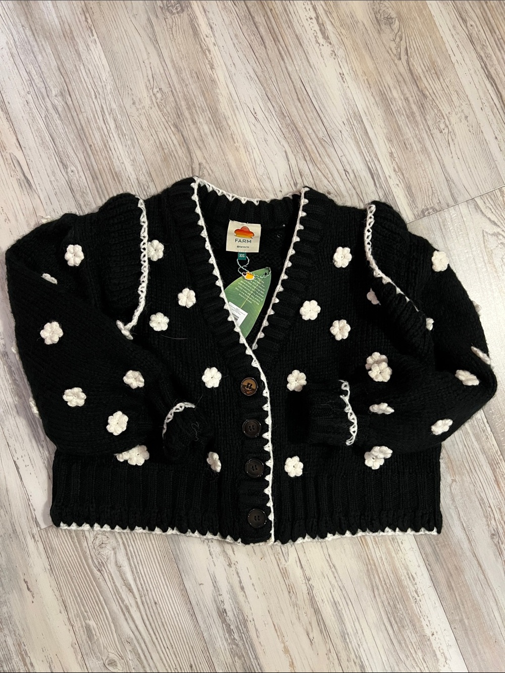 FARM Rio Black Cardigan with White Crochet Flowers